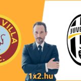 Aston Villa és Juventus logói, középen egy üzletember áll, amely az 1x2.hu sportfogadási oldalra utal. A kép az Aston Villa és a Juventus közötti mérkőzésről készült elemzést illusztrálja, és a Tippmix tippek iránt érdeklődők számára készült.