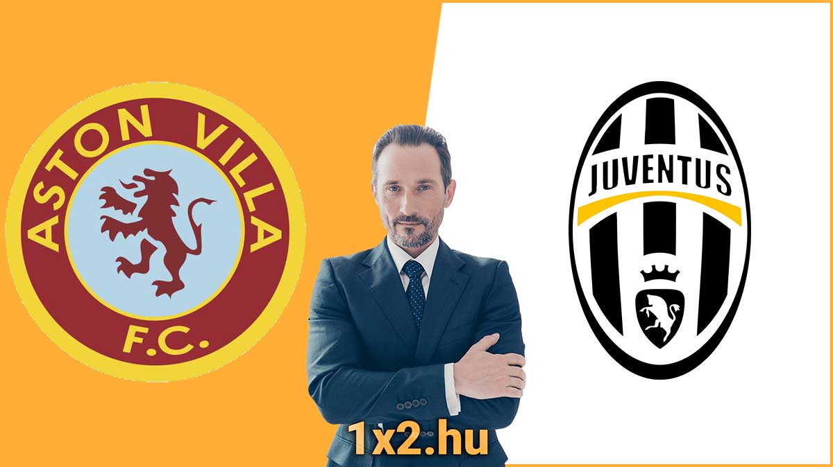 Egy öltönyös férfi keresztbe tett karokkal áll a Aston Villa és az Juventus logói között narancssárga háttér előtt, a Tippmix tippekre utalva. Alul az 1x2.hu szöveg olvasható.