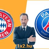 Az FC Bayern München és a Paris Saint-Germain logói sárga alapon láthatók, köztük egy öltönyös ember, keresztbe tett kézzel. Alul az 1x2.hu szöveg jelenik meg, amely tartalmas Tippmix tippeket kínál a futballrajongóknak.