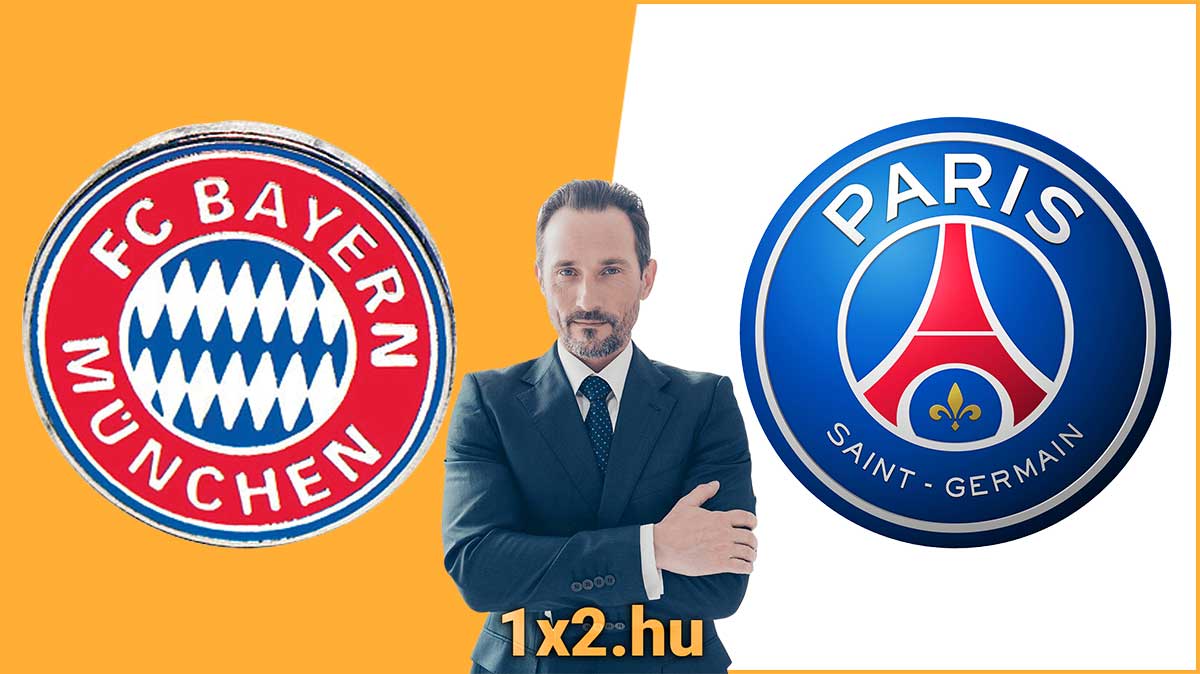 Az FC Bayern München és a Paris Saint-Germain logói sárga alapon láthatók, köztük egy öltönyös ember, keresztbe tett kézzel. Alul az 1x2.hu szöveg jelenik meg, amely tartalmas Tippmix tippeket kínál a futballrajongóknak.