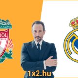 Az Liverpool és a Real Madrid logói sárga alapon láthatók, köztük egy öltönyös ember, keresztbe tett kézzel. Alul az 1x2.hu szöveg jelenik meg, amely tartalmas Tippmix tippeket kínál a futballrajongóknak.