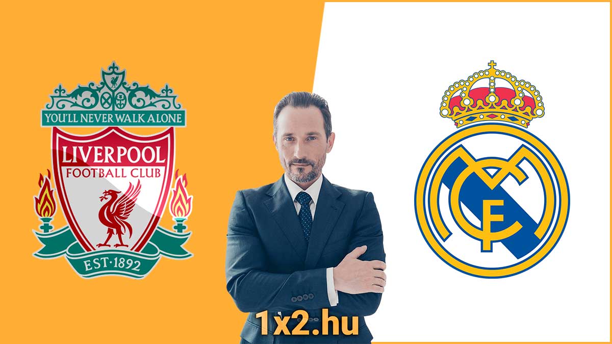 Az Liverpool és a Real Madrid logói sárga alapon láthatók, köztük egy öltönyös ember, keresztbe tett kézzel. Alul az 1x2.hu szöveg jelenik meg, amely tartalmas Tippmix tippeket kínál a futballrajongóknak.