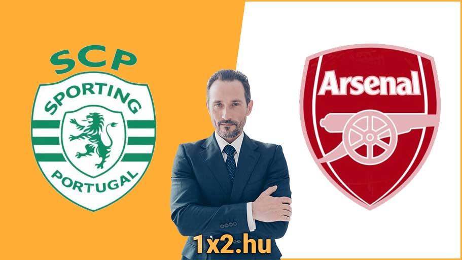 Egy öltönyös férfi keresztbe tett karokkal áll a Sporting CP és az Arsenal logói között narancssárga háttér előtt, a Tippmix tippekre utalva. Alul az 1x2.hu szöveg olvasható.