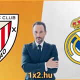 Athletic Bilbao és Real Madrid címerek között elegáns férfi látható. Alul a 1x2.hu felirat szerepel, utalva sportfogadási tippekre. Fedezd fel a legjobb Tippmix tippeket, sportfogadás stratégiákat és ingyenes tanácsokat