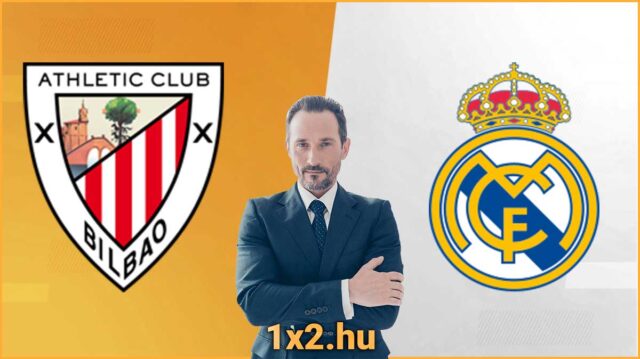 Athletic Bilbao és Real Madrid címerek között elegáns férfi látható. Alul a 1x2.hu felirat szerepel, utalva sportfogadási tippekre. Fedezd fel a legjobb Tippmix tippeket, sportfogadás stratégiákat és ingyenes tanácsokat