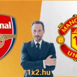 Arsenal és Manchester United logó közötti férfi elegáns öltönyben, alul a 1x2.hu felirat. Tökéletes sportfogadás tippek az angol futballhoz. Fedezd fel ingyenes Tippmix tippjeinket a sikeres fogadásért!