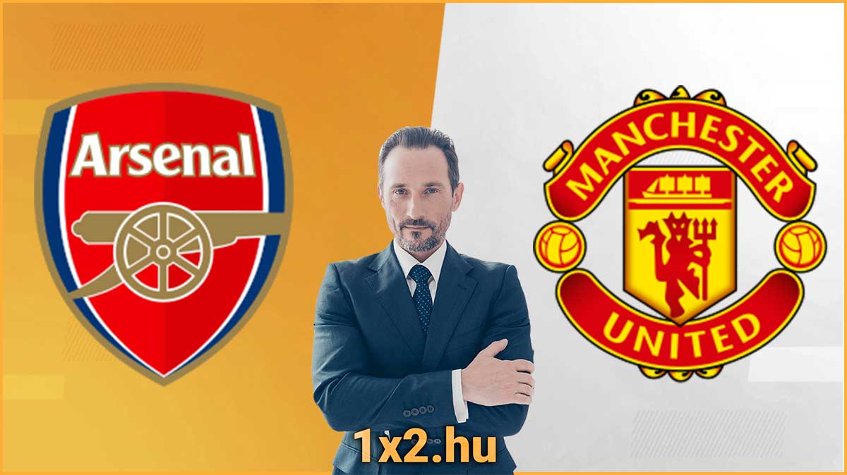 Arsenal és Manchester United logó közötti férfi elegáns öltönyben, alul a 1x2.hu felirat. Tökéletes sportfogadás tippek az angol futballhoz. Fedezd fel ingyenes Tippmix tippjeinket a sikeres fogadásért!