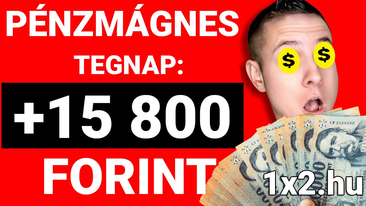 Pénzmágnes: Egy mosolygós arc nagy szemekkel és pénzjegyekkel a kezében, rajta a felirat: Tegnap: +15 800 Forint. Fedezd fel a legjobb Tippmix tippek, sportfogadás tippek és ingyenes Tippmix tippek lehet