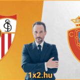 A képen egy elegáns férfi látható a Sevilla és Osasuna futballklubok logói között. A háttér hangsúlyozza a sportfogadás, Tippmix tippek és sportesemények izgalmát. További infóért látogass el az 1x2.hu oldal