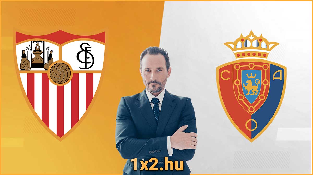 A képen egy elegáns férfi látható a Sevilla és Osasuna futballklubok logói között. A háttér hangsúlyozza a sportfogadás, Tippmix tippek és sportesemények izgalmát. További infóért látogass el az 1x2.hu oldal