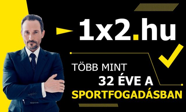 Elegáns férfi üzleti öltönyben, mellette a 1x2.hu és a Több mint 32 éve a sportfogadásban szövegek. Kiemelt téma a sportfogadás, Tippmix tippek és ingyenes Tippmix tippek.