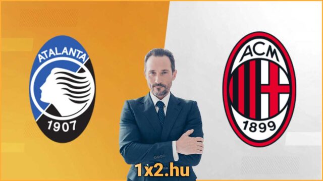 Atalanta és AC Milan logók egy férfi alakja mellett, sárga háttérrel. Sportfogadási tippek elérhetők az 1x2.hu oldalon. Tippmix tippek és ingyenes sportfogadás tippek a meccshez.