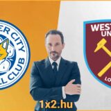 Férfi öltönyben két focicsapat, a Leicester City és a West Ham United logói előtt. Alul a felirat: 1x2.hu. Ideális Tippmix tippek, sportfogadás tippek, ingyenes Tippmix tippek, sportfogadás keresősz