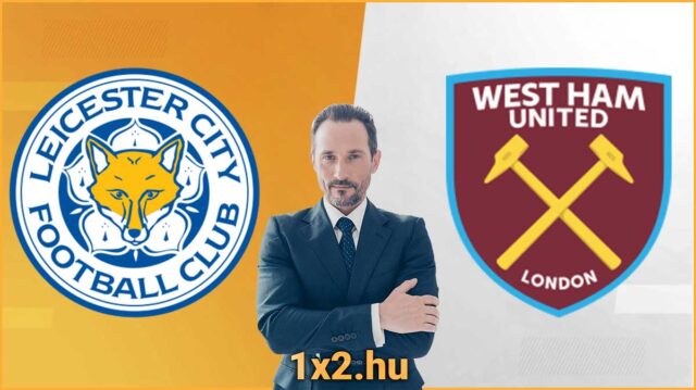 Férfi öltönyben két focicsapat, a Leicester City és a West Ham United logói előtt. Alul a felirat: 1x2.hu. Ideális Tippmix tippek, sportfogadás tippek, ingyenes Tippmix tippek, sportfogadás keresősz